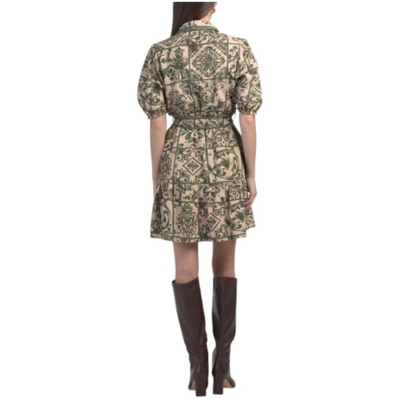 LEA Short Sleeve Tile Print Mini Dress With Belt - Picture 2 of 3